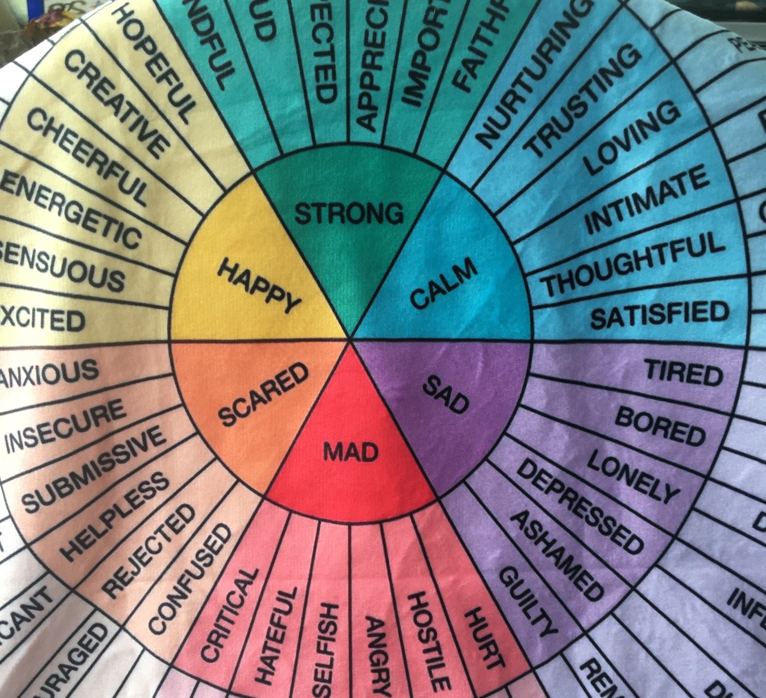 Colorful emotion wheel categorizing various feelings, including strong, happy, calm, and sad, to help with emotional expression and understanding.