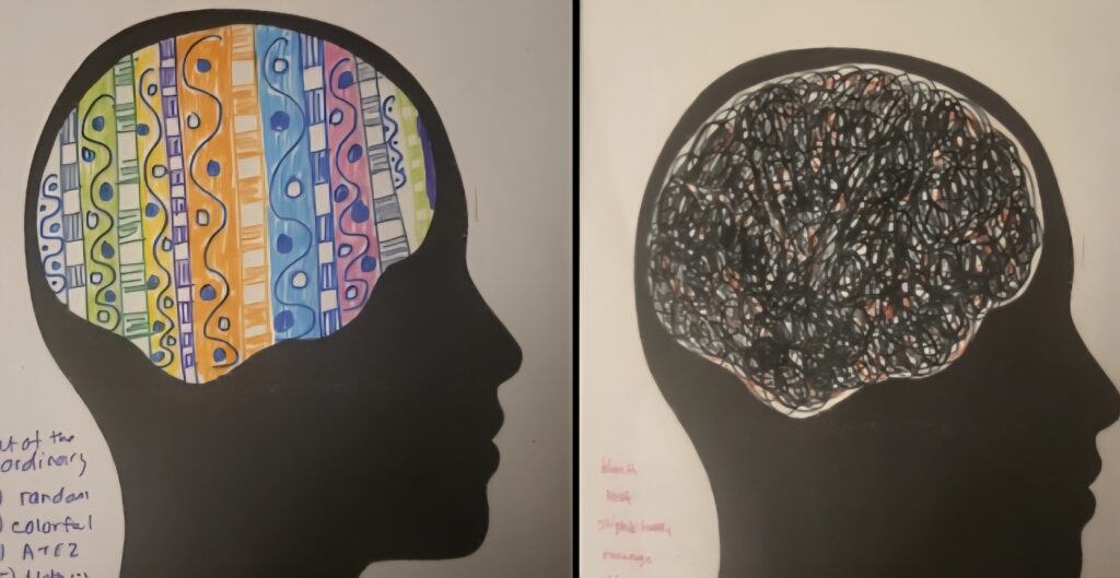 Two contrasting profiles illustrate distinct mental states: one side features a colorful, vibrant brain, symbolizing creativity and positivity, while the other displays a chaotic, dark brain, representing confusion or anxiety.