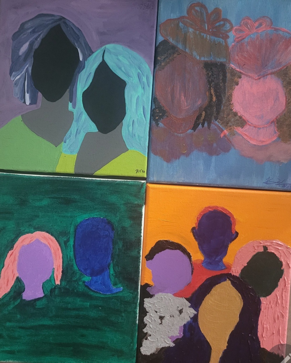 Four abstract portraits depict figures with missing facial features, showcasing diverse hairstyles and colors against vibrant backgrounds.